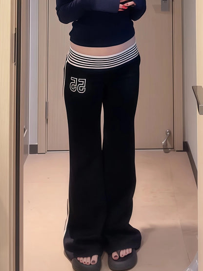 2025 Autumn Winter Women High Street American Retro Flared Pants Y2k Low Rise Long Trousers College Harajuku 2000s Bell Bottom