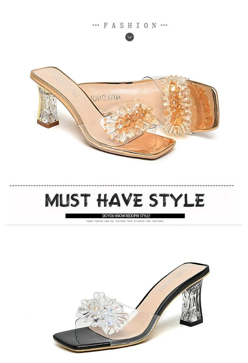 2023 Summer Square Head Open Toe Fashion Transparent Soft Flower Women's Slippers Crystal Heel New High Heel Sandals