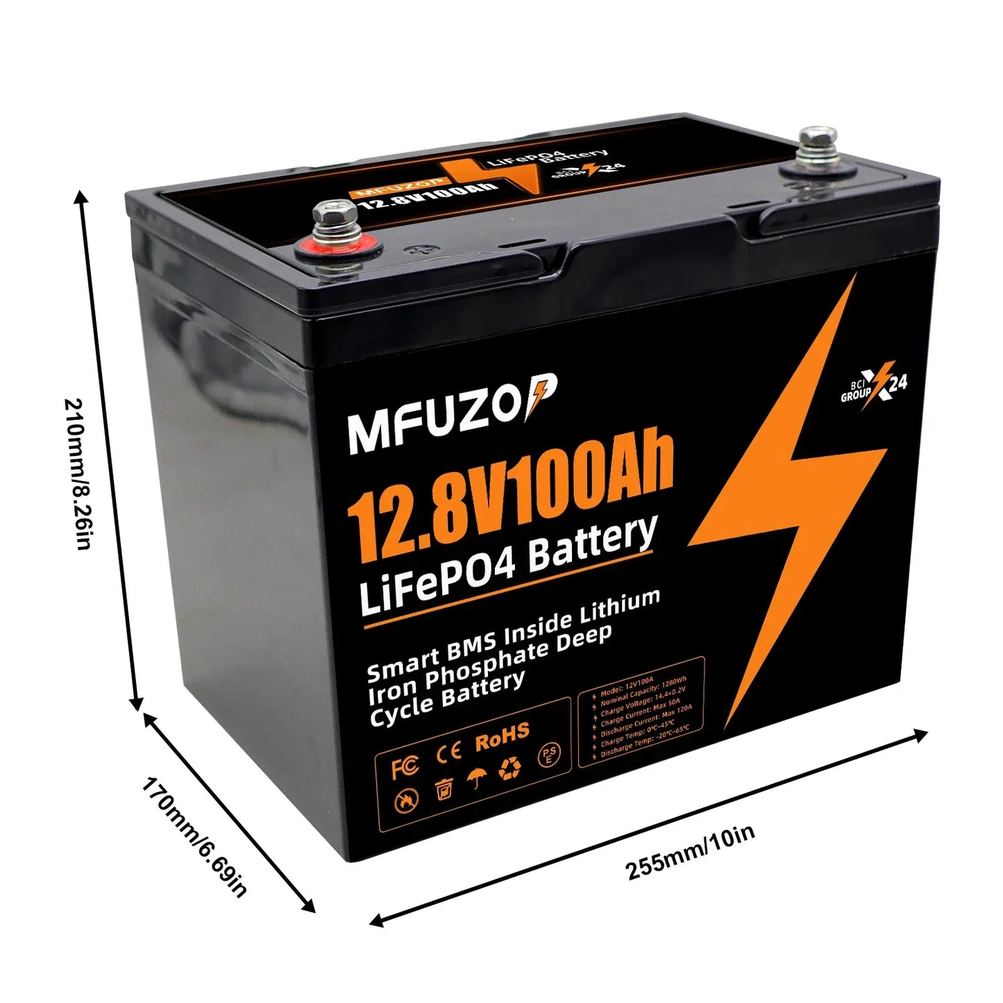MFUZOP 12V100ah Portable Rechargeable LiFePO4 Battery Built in Smart BMS Deep Cycle 10000+ for RV Solar No VAT