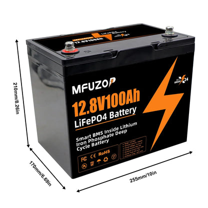 MFUZOP 12V100ah Portable Rechargeable LiFePO4 Battery Built in Smart BMS Deep Cycle 10000+ for RV Solar No VAT