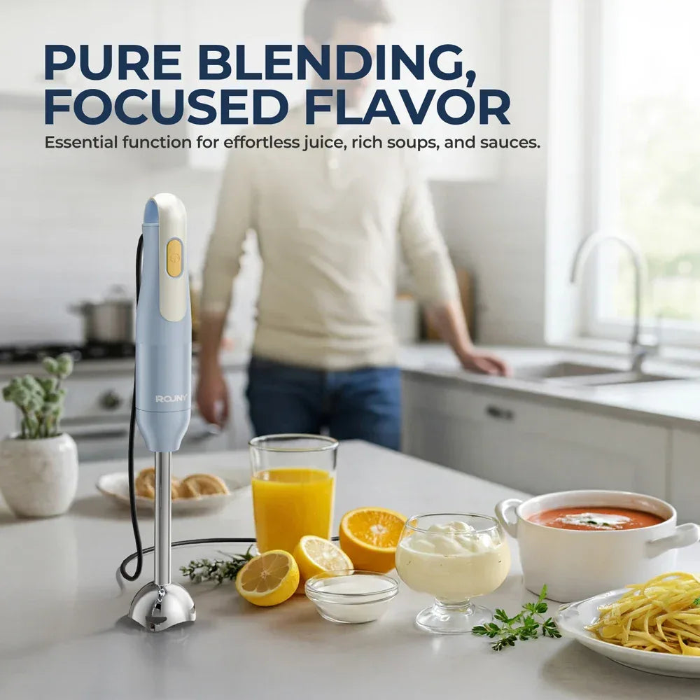 ROUNY Handheld Immersion Blender with Stainless Steel Blades for Kitchen Food Mixing, Light Blue Stick Blender, Classic Basic