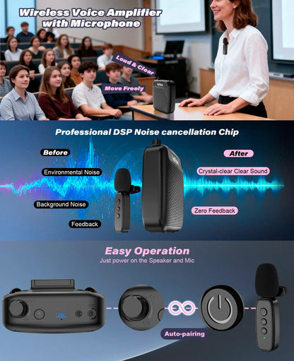 Portable Wireless Voice Amplifier with Lavalier Microphone Rechargeable Clip On Megaphone Speaker for Teacher Tour Guide Outdoor
