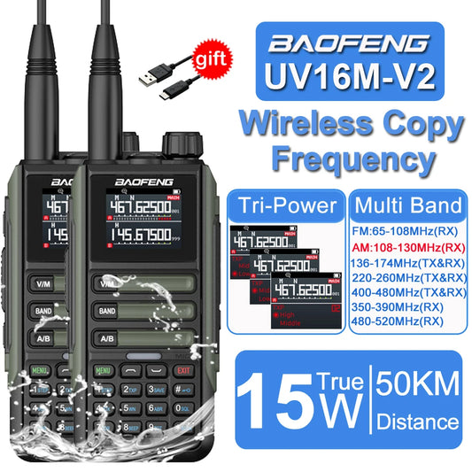 2Pack Baofeng 15W 50KM Waterproof Walkie Talkie 999CH AM FM 2-Way Radio Full Band LCD Screen Frequency Copy Noise Reduce UV16M by PDG ibma
