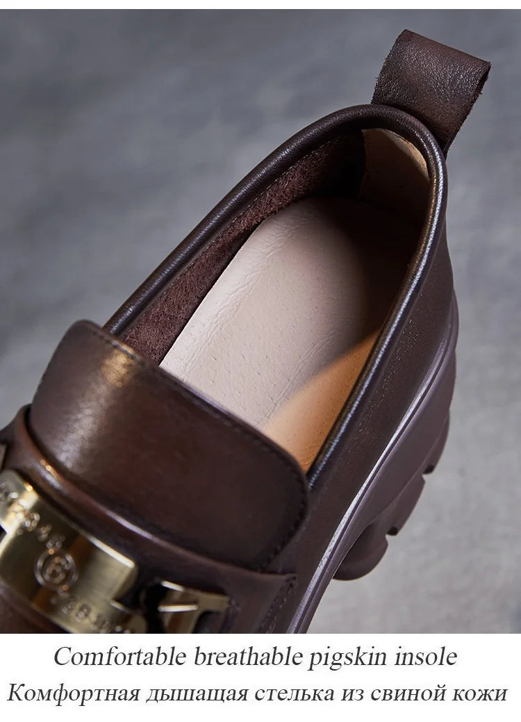 DRKANOL Women Genuine Leather Loafers 2026 Spring Autumn Thick High Heel Chunky Platform Handmade Retro Metal Trend Casual Shoes
