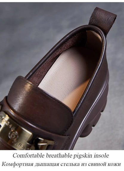 DRKANOL Women Genuine Leather Loafers 2026 Spring Autumn Thick High Heel Chunky Platform Handmade Retro Metal Trend Casual Shoes