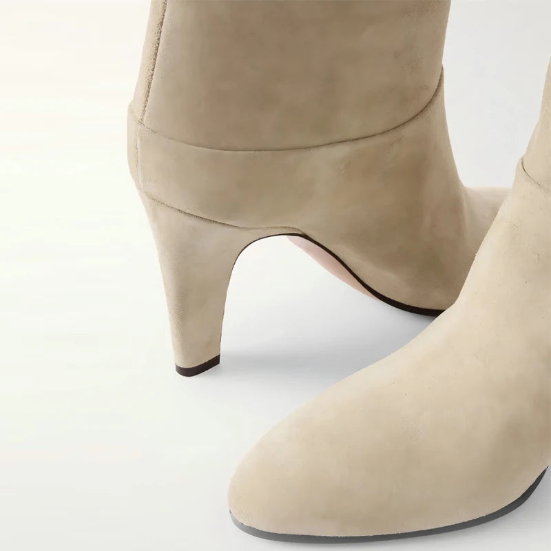 Autumn and Winter Women's Thick High-heeled Knee High Boots, Round Headed Cowhide Suede Fashionable Women's Plus Size Boots