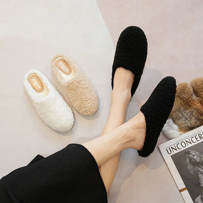 Big Size 43 Women Lambswool Slippers Winter Sheep Fur Shoes Ladies Flat Cotton Slides Home Pantuflas Daily Slip On Furry Mules