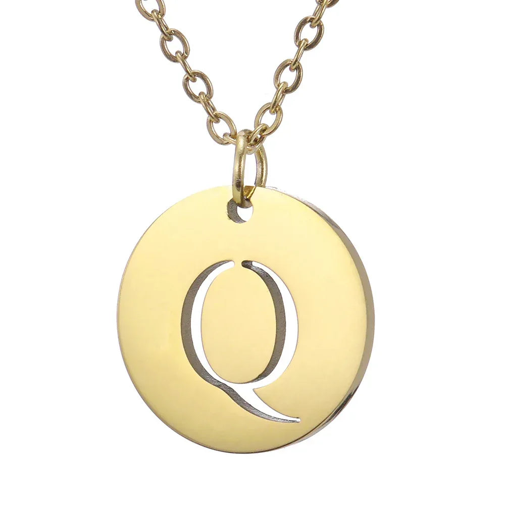 New Trend Stainless Steel Gold Silver Color Initials Necklace Hollow Round 26 Letter Pendant Necklace Jewelry Christmas Gift
