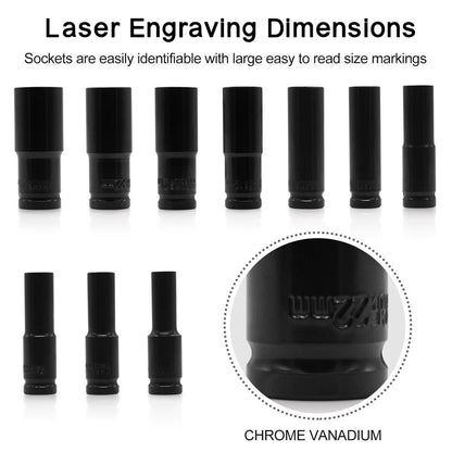 10pcs Impact Socket Set 1/2” Drive Hex Spanner Deep Sockets 10-24mm Pneumatic Wrench Head Tire Removal Tools