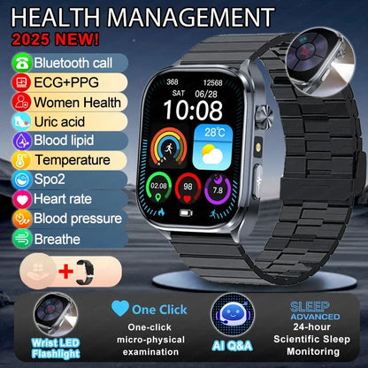 New Uric Acid Blood Lipids AI-GPT ECG Smartwatch Micro Physical Examination Body Analysis Men BT Call LED Flashlight Smartwatch