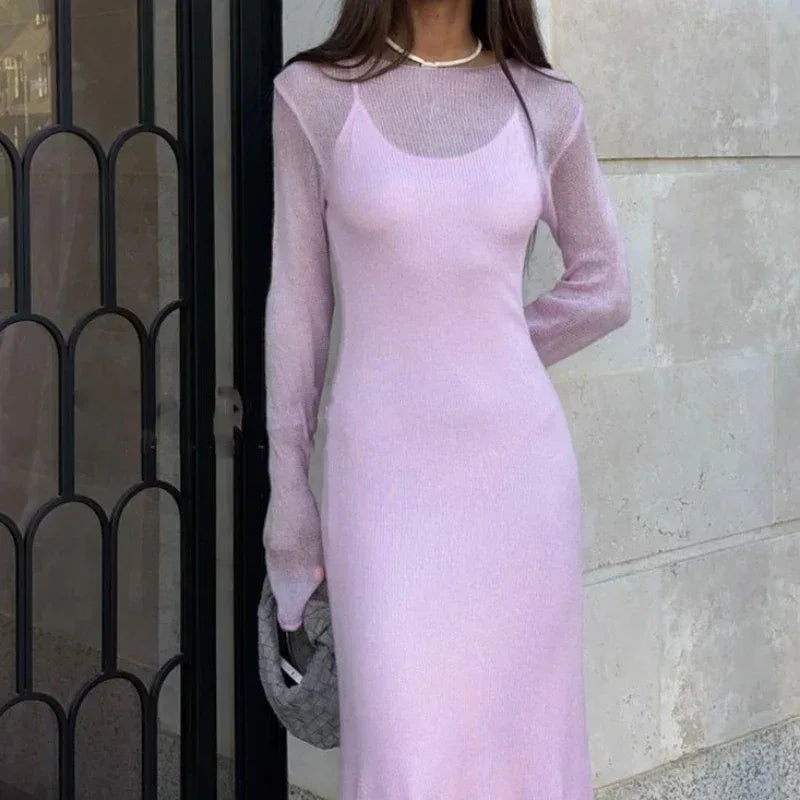 Spring Autumn O-Neck Elastic Knit Long Dresses Women 2024 Elegant Chic Soft Lady Hollowing Sweater Dresses Femme New