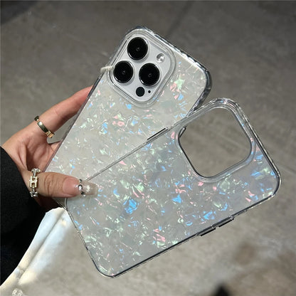 Luxury Glitter Shell Pattern Laser Case For iPhone 16 Pro Max 15 14 Plus 13 12 11 Aurora IMD Shockproof Protection Hard Cover