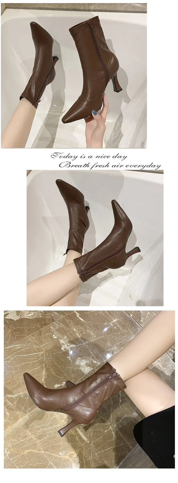 Women High Heel Short Leather Boots  New Boots Female Pointed Thin Heel Boots Ladies Ankle Short Boots Botas De Mujer 2024