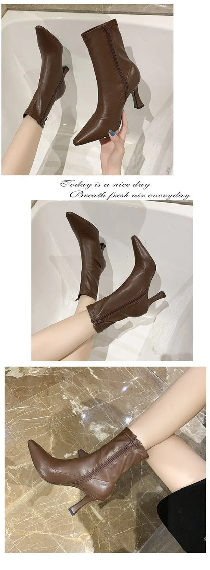 Women High Heel Short Leather Boots  New Boots Female Pointed Thin Heel Boots Ladies Ankle Short Boots Botas De Mujer 2024