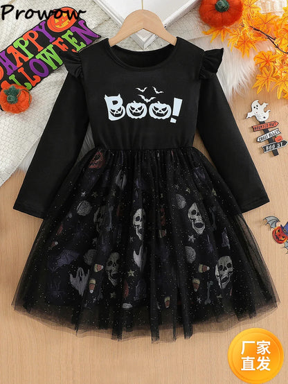 Prowow 2-8Y Kids Purple Halloween Dresses For Girls Long Sleeve Princess Mesh Spooky Spider Dress Children Halloween Costumes