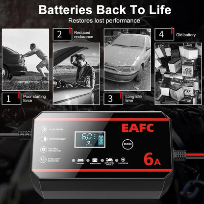 EAFC Fully Automatic 12V 6A Smart Car Battery Charger Pulse Repair LCD Display for Auto Moto AGM GEL WET Lead Acid LiFePO4