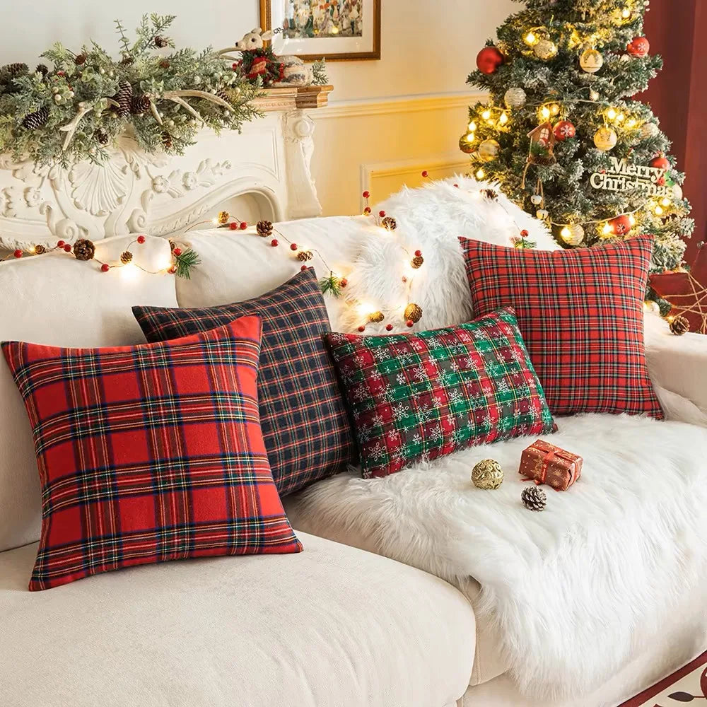 Christmas Plaid Decorative Throw Pillow Covers Scottish Tartan Cushion Case for Farmhouse Home Holiday Decor Sofa Couch Decor