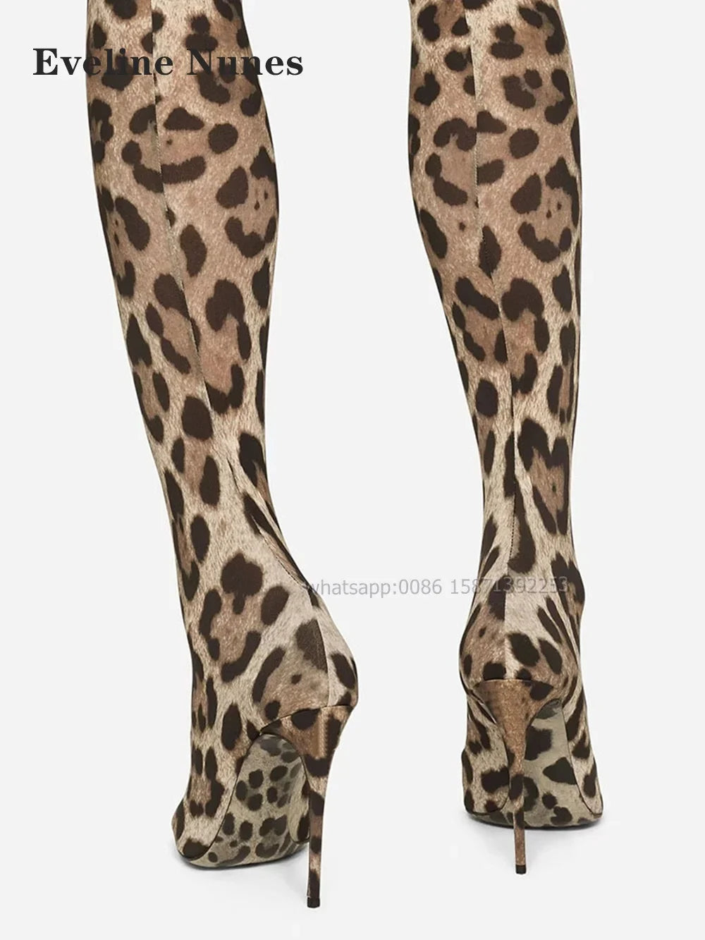 Leopard Satin Thigh High Boots Pointed Toe Thin Heels Mixed Colors Women Stretch Boots Pull On Sexy Spicy Girl Booty Runway Show
