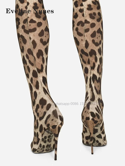 Leopard Satin Thigh High Boots Pointed Toe Thin Heels Mixed Colors Women Stretch Boots Pull On Sexy Spicy Girl Booty Runway Show