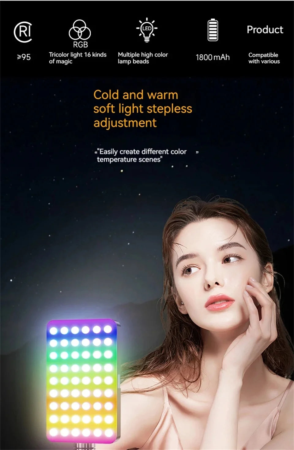 COOL DIER 2026 New RGB Light LED Video Light Photography Fill Camera Lighting LCD Display Cold Shoe For Vlog Live Streaming DSLR