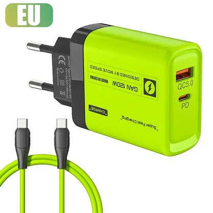 120W USB C 2Ports Charger Kit Green Wall Plug EU/US Adapter Fast Charging For iPhone iPad Samsung Xiaomi USB Type C Data Cables