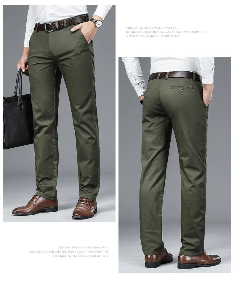 Autumn Classic Style Men's Beige Business Straight Casual Pants Stretch Cotton High Waist Solid Brand Trousers Khaki Green Black