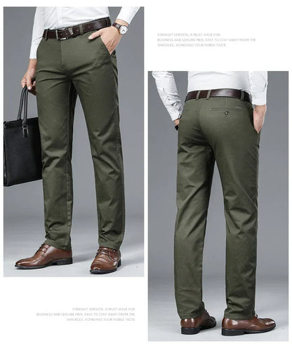 Autumn Classic Style Men's Beige Business Straight Casual Pants Stretch Cotton High Waist Solid Brand Trousers Khaki Green Black