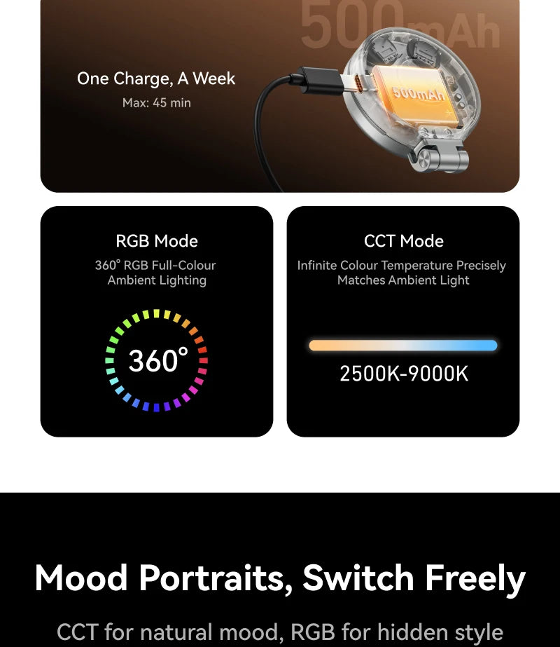 TELESIN Magnetic 360° Rotation RGB Fill Light Mini Selfie Light 3 Mode Adjustable Color Brightness for Smartphone Iphone Android