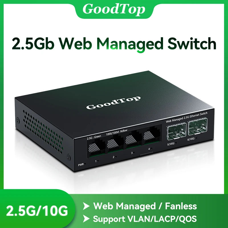 GoodTop 2.5GbE Managed Switch 6 Port 2.5GBASE-T Network Switcher 10G SFP+ Slot Uplink Web Managed Hub Internet Splitter Fanless