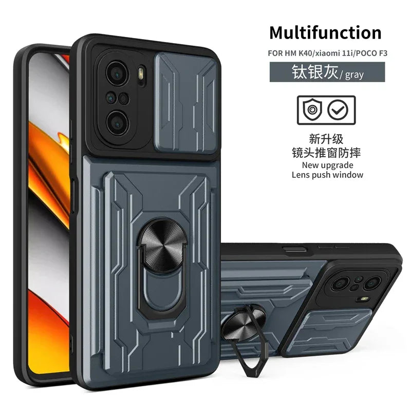 For xiaomi poco f3 case slide card camera armor phone case for pocophone little poco f3 f 3 pocof3 f3poco car holder back cover