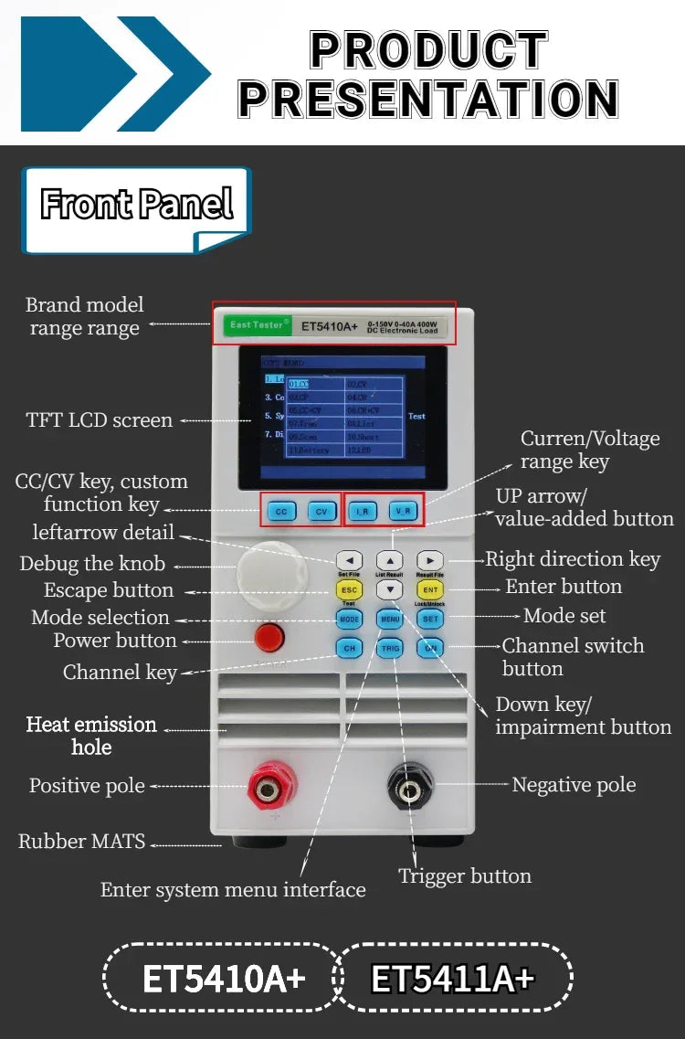 Programmable DC Electronic Load 150V 40A 400W Digital Battery Capacity Tester Electronic Load Meter Aging Instrument ET5410A+