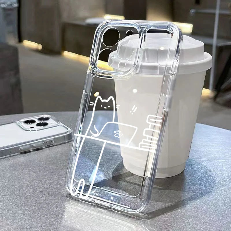 Luxury Shockproof Soft TPU Clear Phone Case For iPhone 17 11 12 13 14 15 16 Pro Max 16 Plus 16E 17 Air With Cute Line Cat Cover