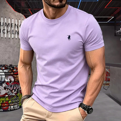 100% pure cotton 2026 high-end brand men's short sleeved round neck top summer fashion luxury pony embroidery top sports T-shirt