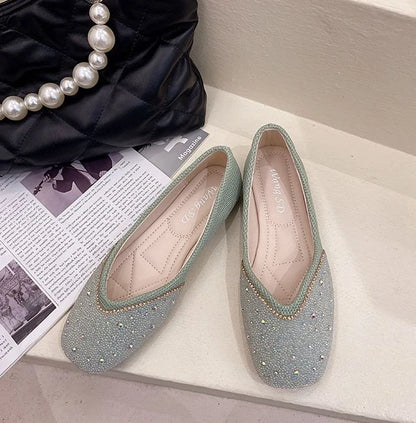 Shoes for Woman 2025 Diamond Flats Women's Summer Footwear Flat Square Toe Pink with Crystals Rhinestone Office 39 Beau Today E