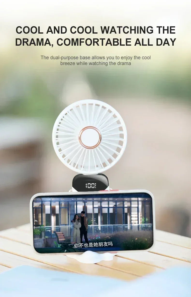 Portable Handheld Mini Fan 3000mAh Foldable Neck Hanging Fans 5 Speed Adjust USB Charge Fan with Phone Stand and Display Screen