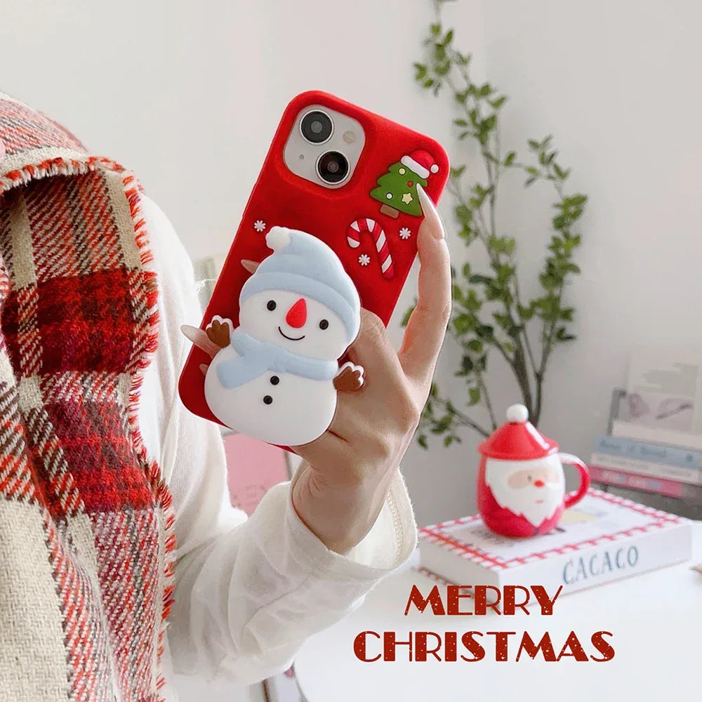 Cute 3D Cartoon Christmas Snow Man Telescopic Bracket Case For iPhone 16 15 14 13 12 Pro Max Soft Silicone Stand Holder Cover