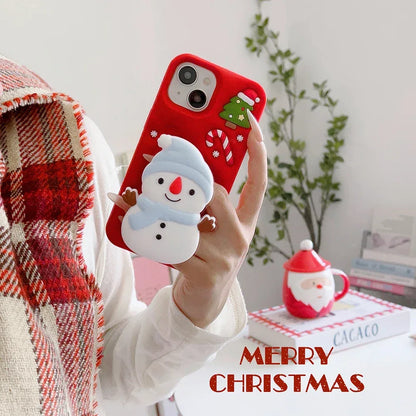Cute 3D Cartoon Christmas Snow Man Telescopic Bracket Case For iPhone 16 15 14 13 12 Pro Max Soft Silicone Stand Holder Cover