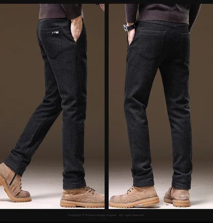 Casual Pants Men Winter New Fleece Business Elastic Waist Slim Korean Warm Thick Brushed Plush Trousers Male 28-38