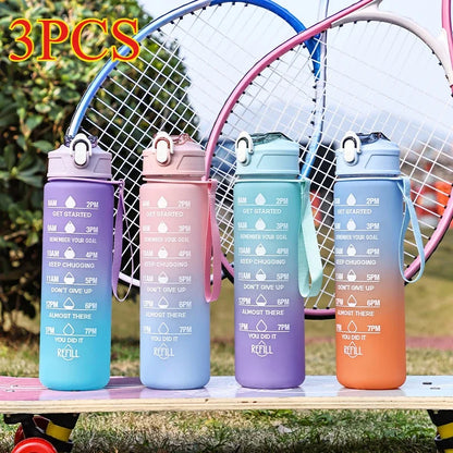 3PCS Sports Water Bottle with Time Marker Leak-proof Cup Motivational Portable Water Bottle for Outdoor Sport Fitness BPA Free