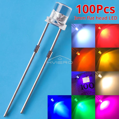 100pcs F3 3mm Flat Led Ultra Bright Diodes Wide Angle Light Emitting Bulbs Signage Decoration Advertising Lamp Ambient Building