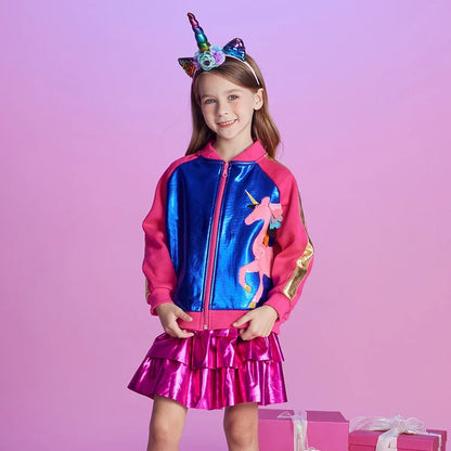DXTON 2024 Autumn Winter Girls Jackets Unicorn Children Coat Sequin Zipper Cardigan Kids Jackets Cool Girls Outerwear Costumes