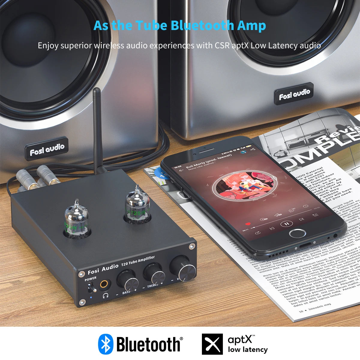 Fosi Audio T20 Bluetooth Vacuum Tube Amplifier AptX HD Stereo Power Amp 50W TPA3116 Headphone Amplifier For Home Speakers