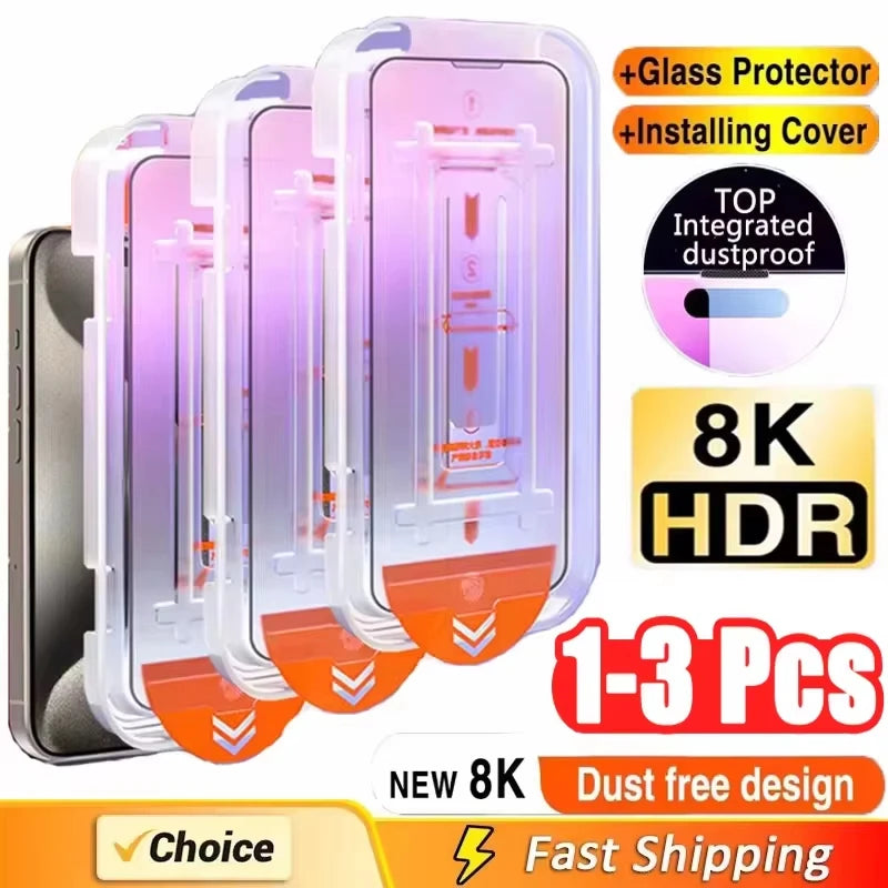 1-3Pcs Dust Free Installation HD 8K Screen Protector For iPhone 17 16 15 11 12 13 14 Pro Max Plus 7 8 Air SE Tempered Glass Film