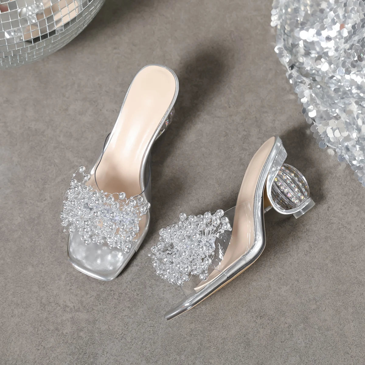 Aneikeh 2026 New Women's Water Diamond Flower Sandals with Transparent Thick Bottom Party Dress PVC Slippers Mules High Heels
