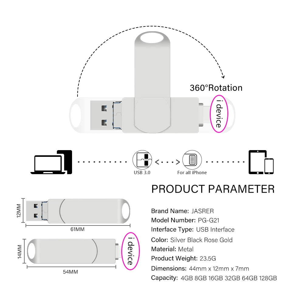 Rotate USB 3.0 Flash Drive 8GB 16GB with 3-in-1 Type-C to Lightning Interface 32GB Pendrive for iPad 11/12/13/14