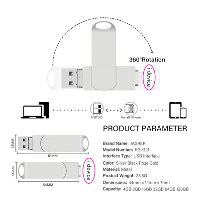 Rotate USB 3.0 Flash Drive 8GB 16GB with 3-in-1 Type-C to Lightning Interface 32GB Pendrive for iPad 11/12/13/14