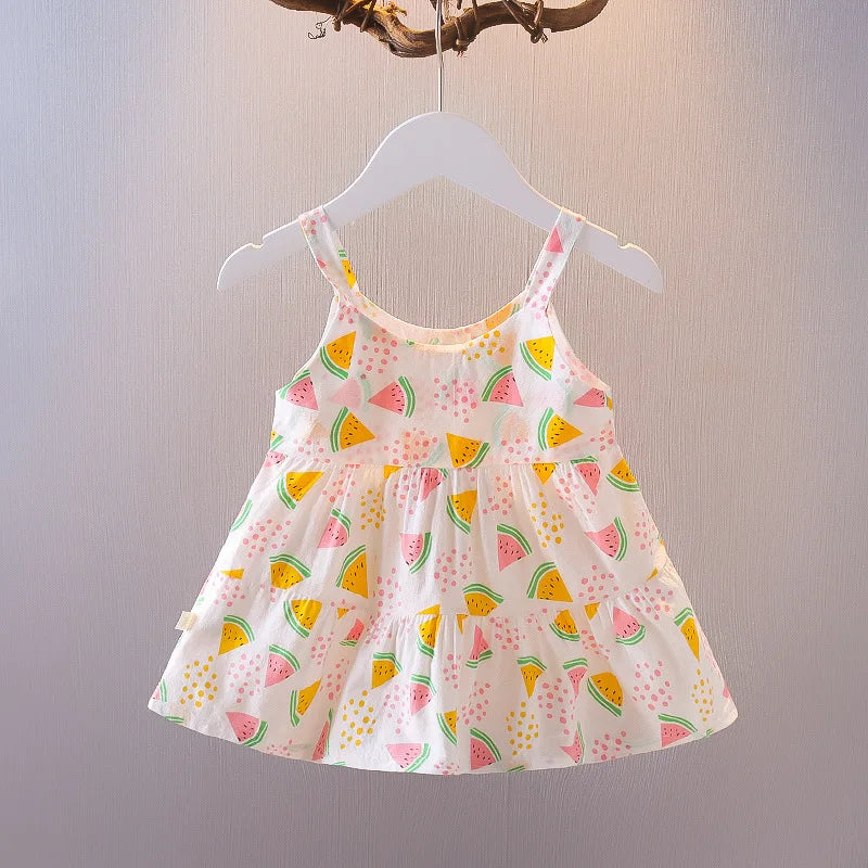 Summer New Style Baby Girls Dress Short Sleeve Flower Fake Two-Piece Shoulder Strap Dress Cute Princess Wedding Party Costume