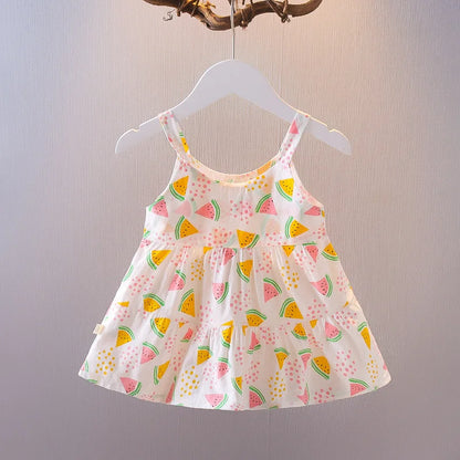Summer New Style Baby Girls Dress Short Sleeve Flower Fake Two-Piece Shoulder Strap Dress Cute Princess Wedding Party Costume