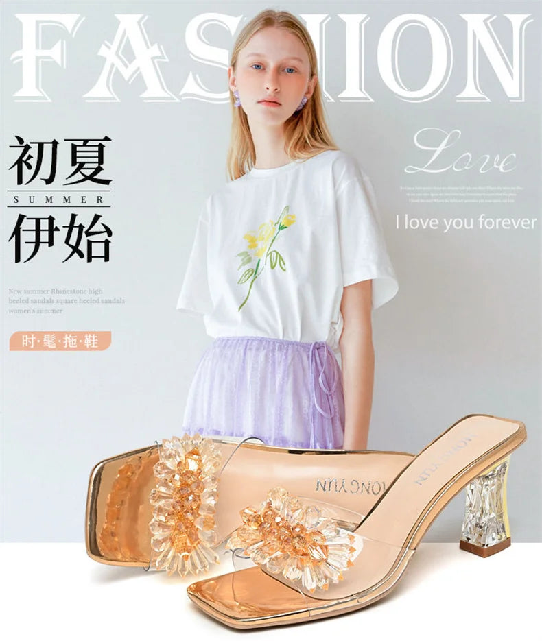 2023 Summer Square Head Open Toe Fashion Transparent Soft Flower Women's Slippers Crystal Heel New High Heel Sandals