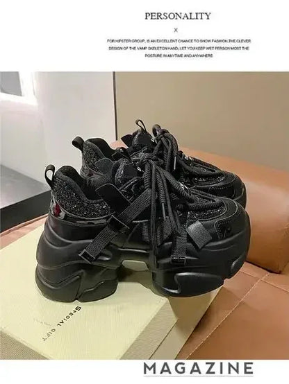 8CM Women Bling Red Chunky Sneakers Winter High Platform Warm Fur Shoes Ladies Wedges Casual Dad Shoes Leather Sports Sneakers
